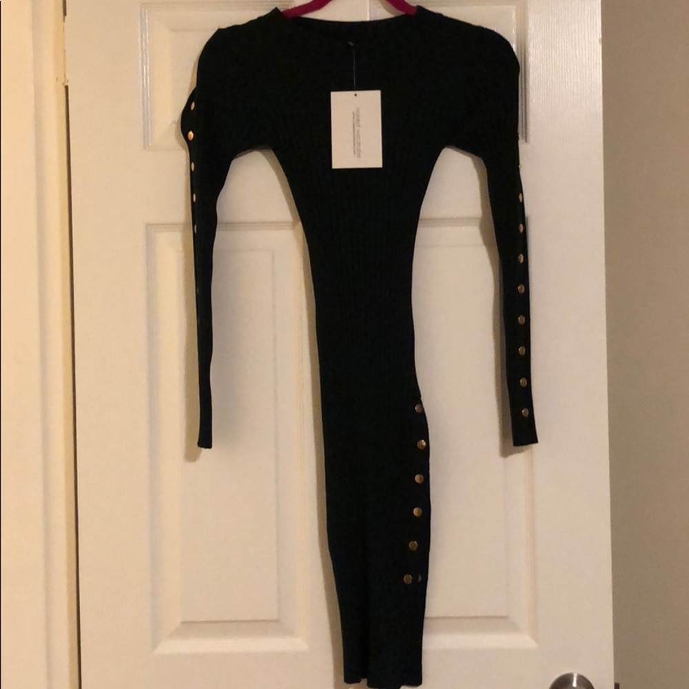 naked wardrobe Black Ribbed Long Sleeve Mini Dress with Gold Buttons
